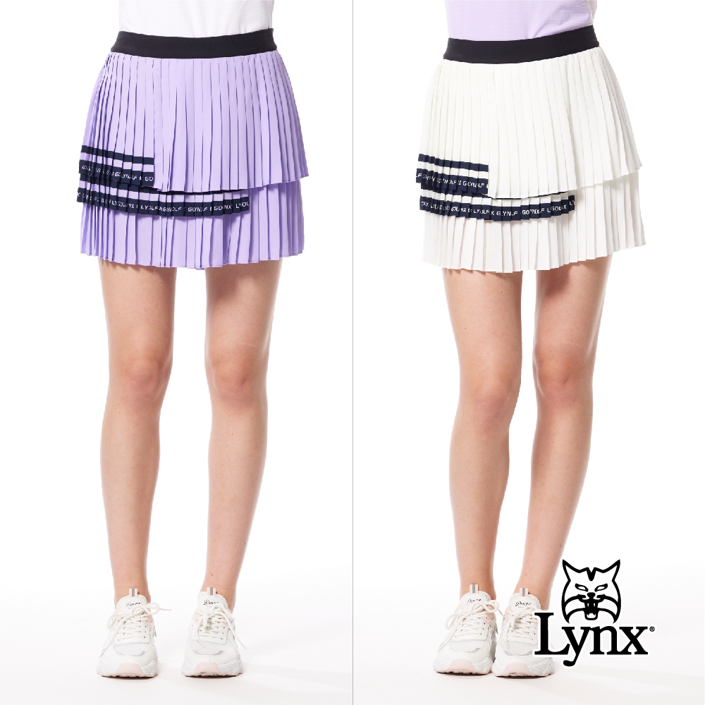 【Lynx Golf】首爾高桿風格！女款LOGO織帶剪接後腰百摺裙擺印花造型活動小包設計運動褲裙(二色)