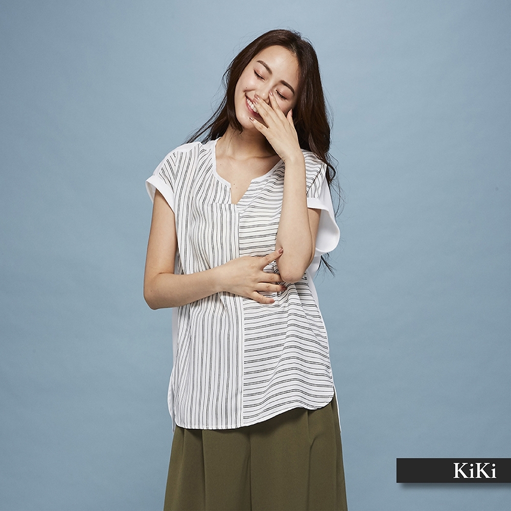 【KiKi】條紋拼接素色-襯衫(二色)