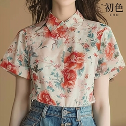 初色 中國風花卉復古印花翻領短袖襯衫上衣女上衣-花色-33943(M-2XL可選)