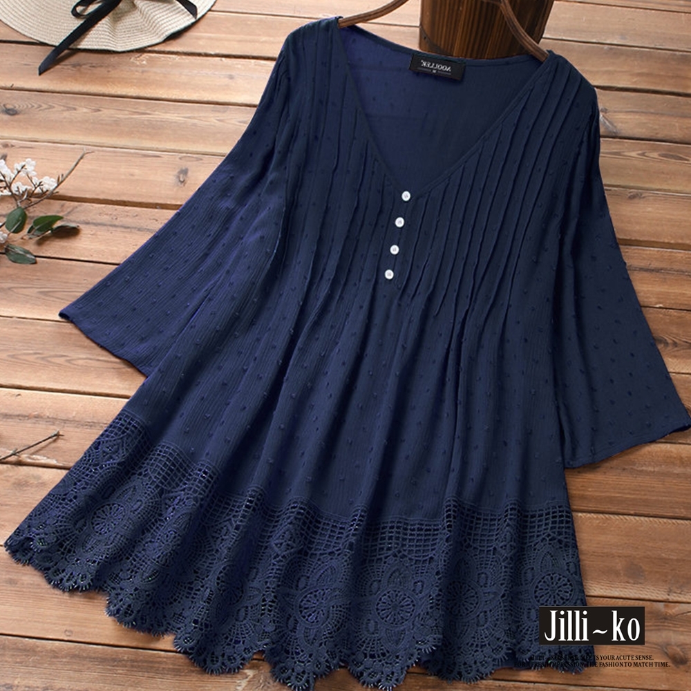JILLI-KO 韓版純色寬鬆蕾絲拼接上衣- 深藍