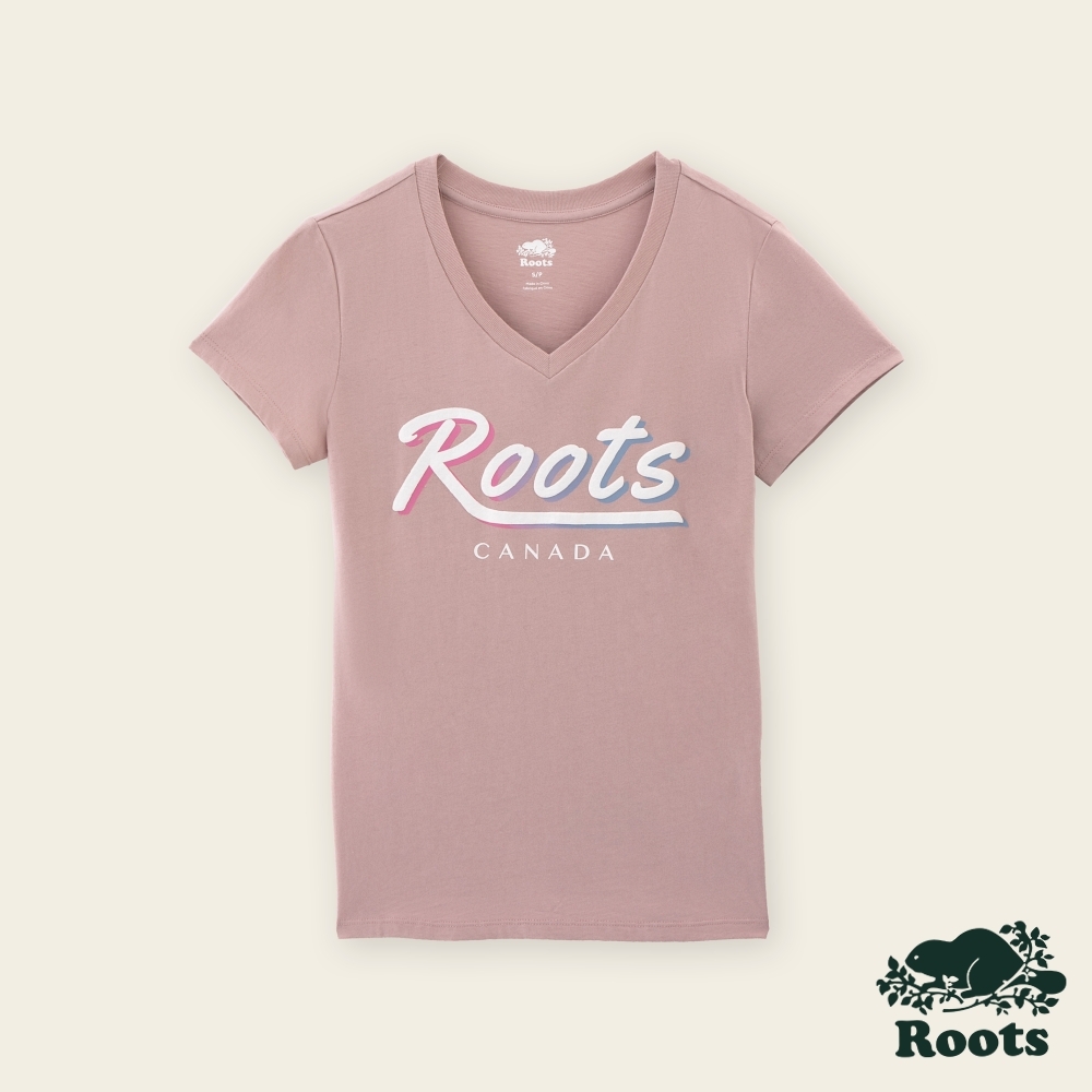 Roots女裝-繽紛花卉系列 漸層文字V領修身短袖T恤-粉色