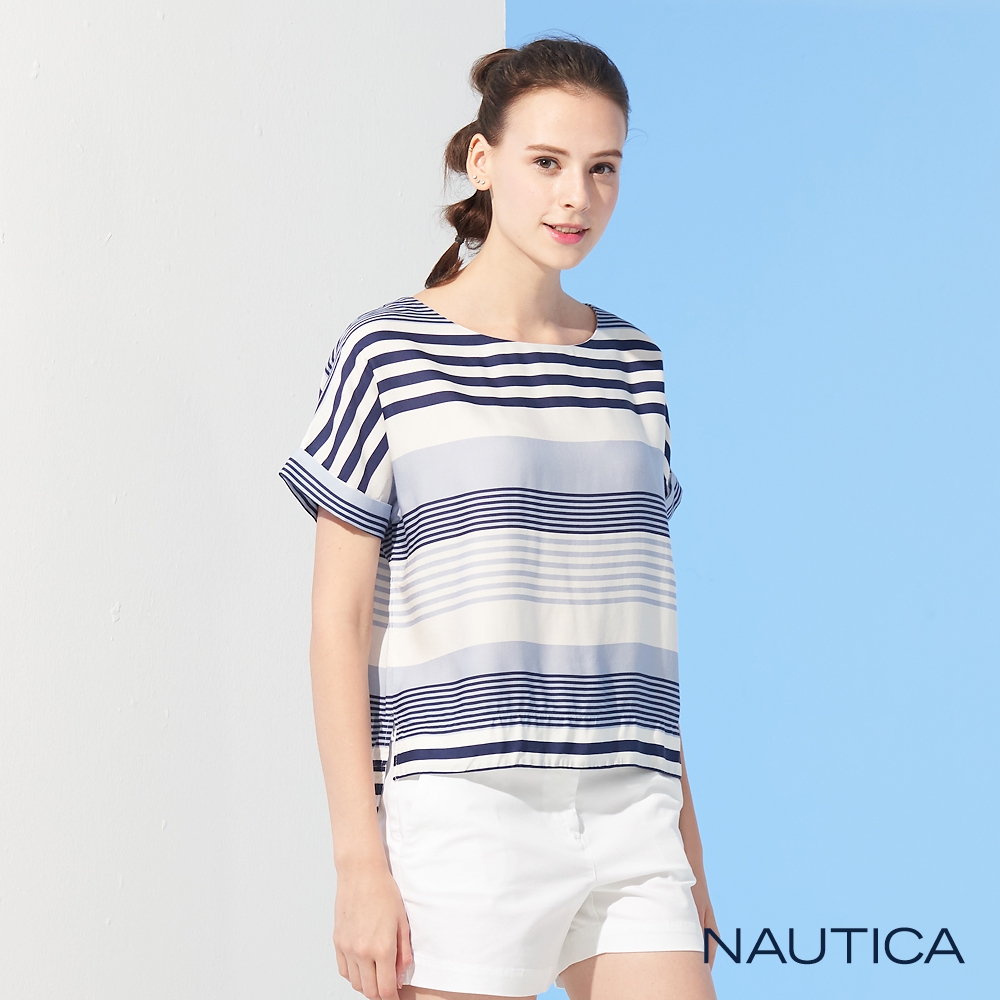 Nautica 女裝撞色橫條紋短袖上衣-藍