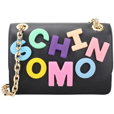 MOSCHINO 多彩字母綴飾牛皮鍊帶肩背/斜背包(黑色)