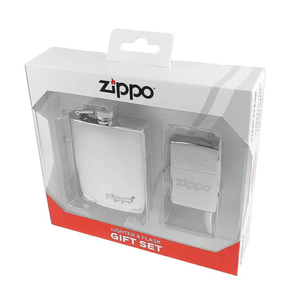 ZIPPO 美系~光澤蝕刻Logo打火機+酒壺套組