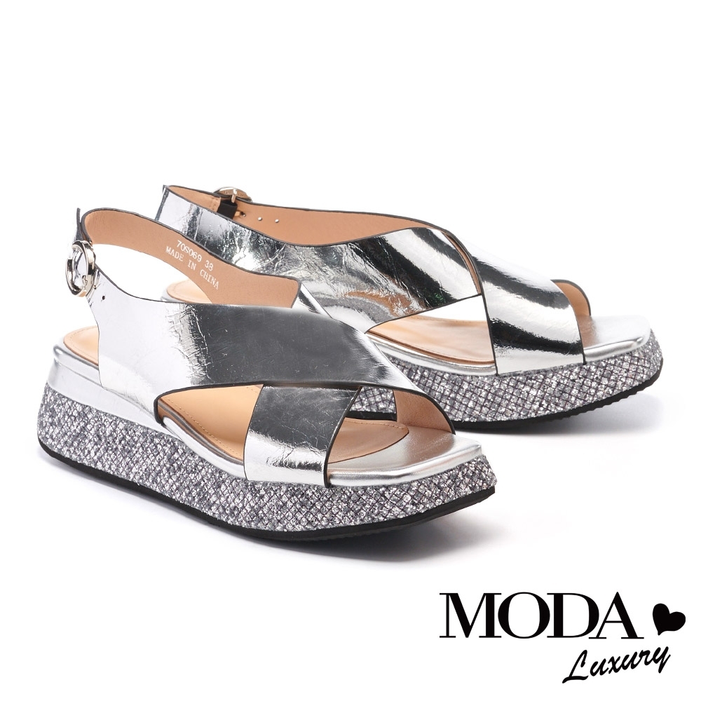 涼鞋 MODA Luxury 華麗個性交叉寬帶金蔥厚底涼鞋－銀