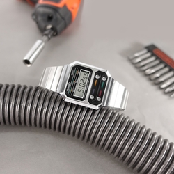 CASIO / A100WE-1A / 卡西歐 復古方型 計時碼錶 電子數位 不鏽鋼手錶-黑銀色/33mm