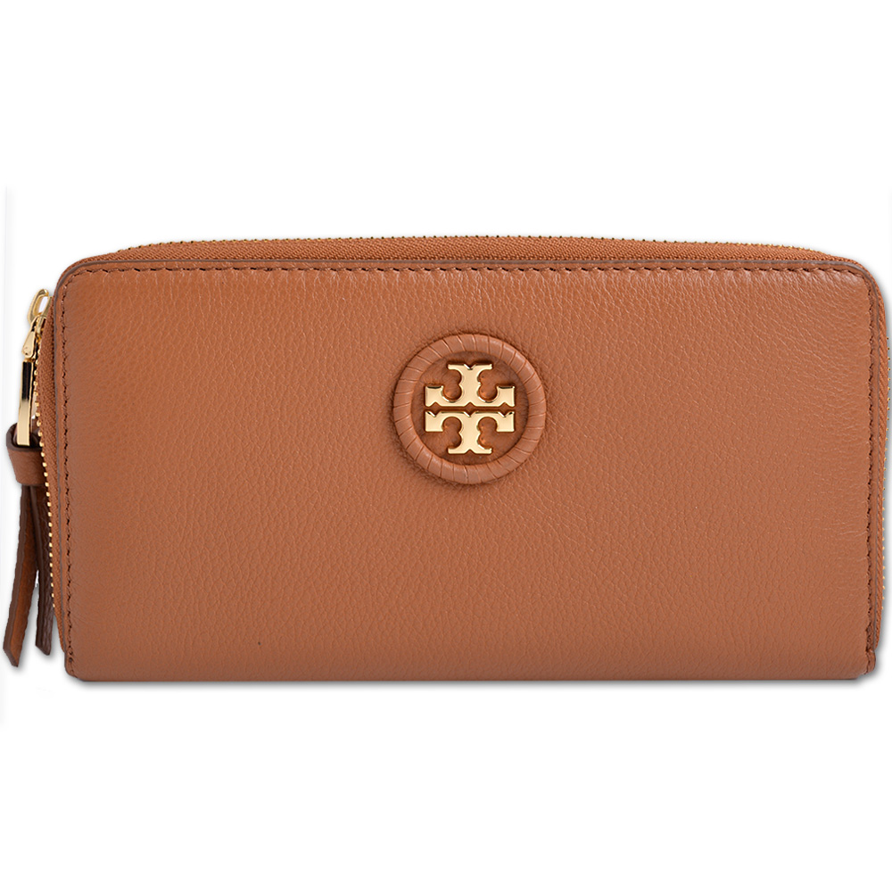 TORY BURCH WHIPSTITCH 經典LOGO全皮革拉鍊長夾-咖