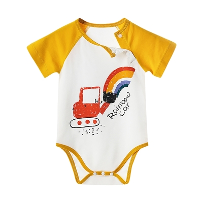 Colorland- Muslintree新生兒無骨縫制包屁衣 彩虹挖土機 連身衣 嬰兒短袖 寶寶短袖 和尚服