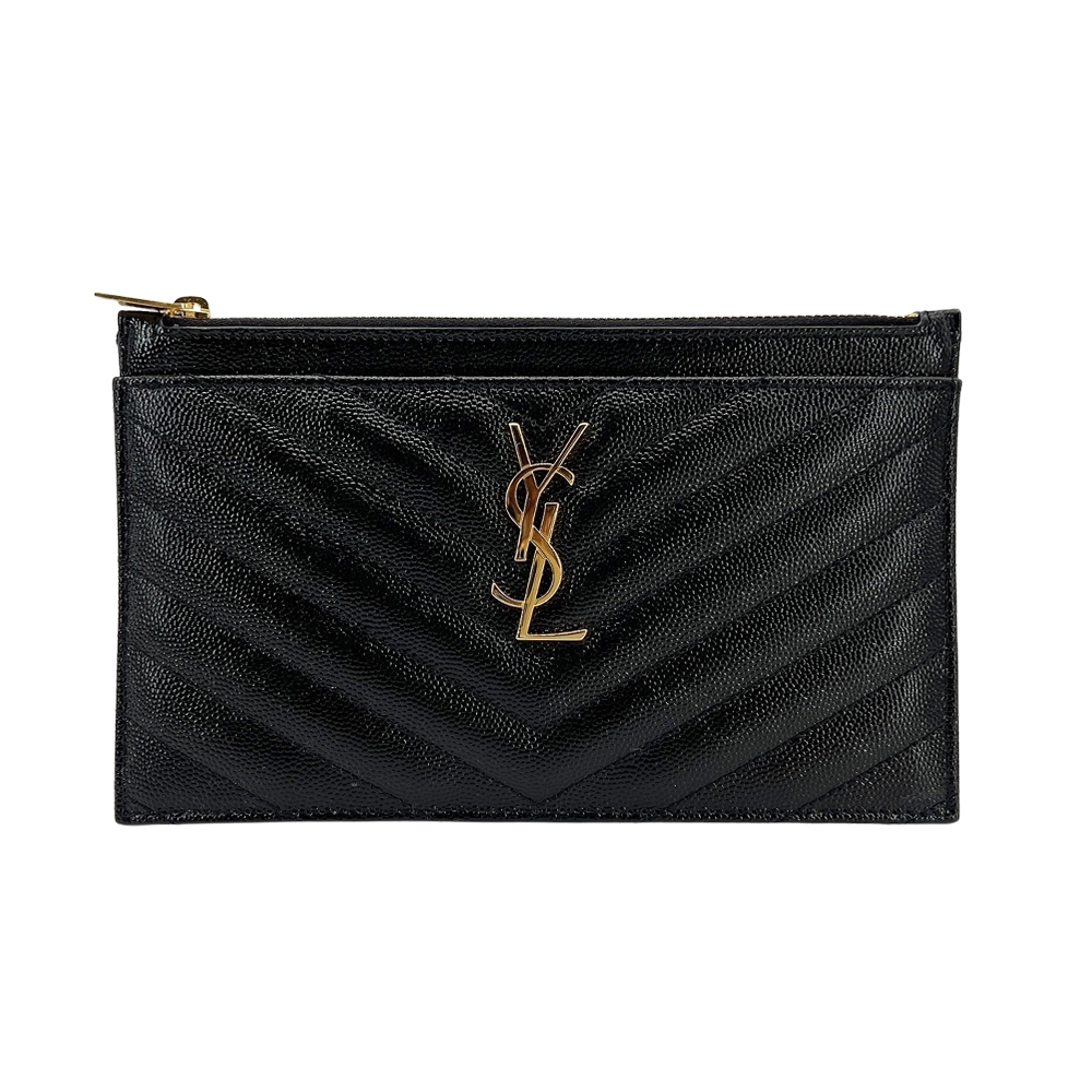 YSL 品牌金logo粒紋牛皮拉鍊手拿包(黑)