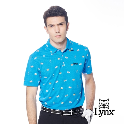 【Lynx Golf】男款吸溼排汗機能滿版俏皮CASINO骰子圖樣印花短袖POLO衫-寶藍色