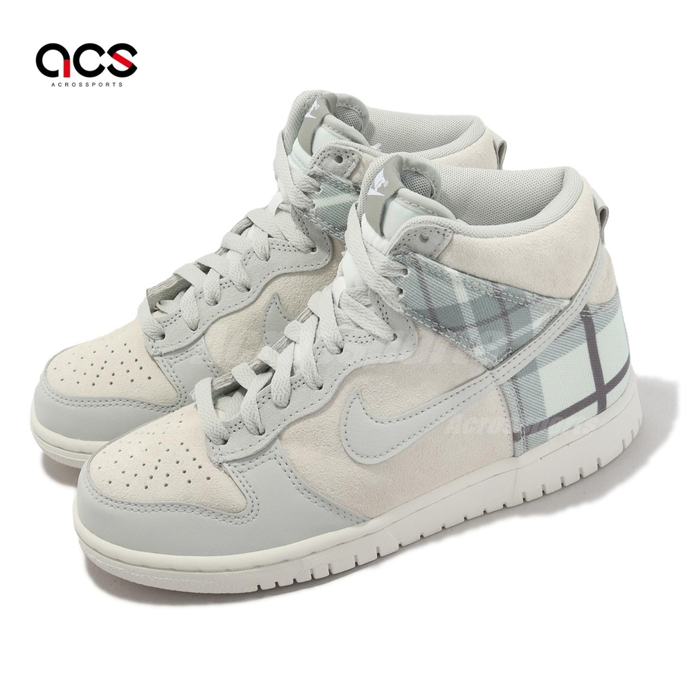 Nike 休閒鞋 Dunk High SE GS 大童 女鞋 米白 藍 格紋 高筒 麂皮 帆布 DV1724-100