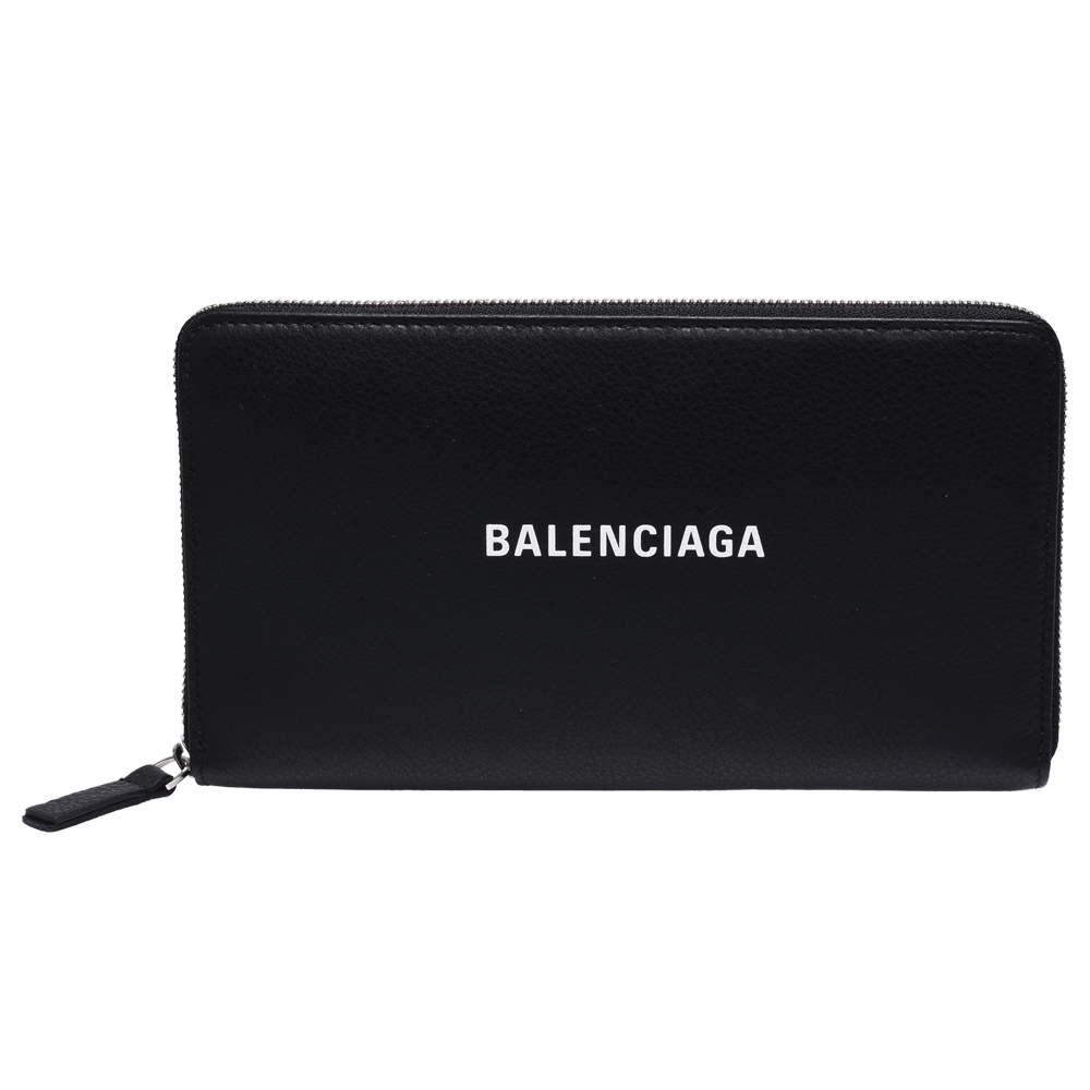 BALENCIAGA 經典EVERYDAY系列品牌字母LOGO壓紋小牛皮拉鍊手拿長夾(黑)