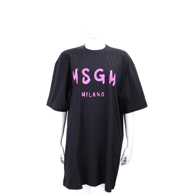 MSGM 塗鴉桃紫字母黑色短袖長版TEE 洋裝