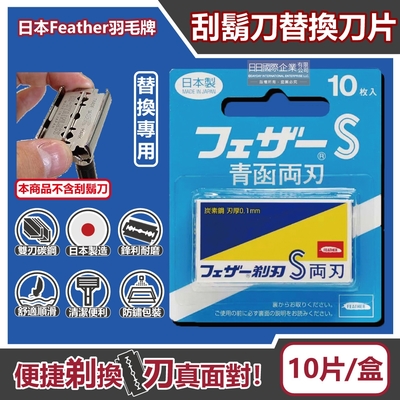 日本FEATHER羽毛牌-青函雙刃S碳鋼刮鬍刀替換刀片10片/藍盒-FA-10B(本品不含刮鬍刀,復古手動男士順滑剃鬍刀,鬢角美型修容)