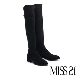長靴 MISS 21 內斂時髦彈力絨布釦環粗高跟過膝長靴－黑