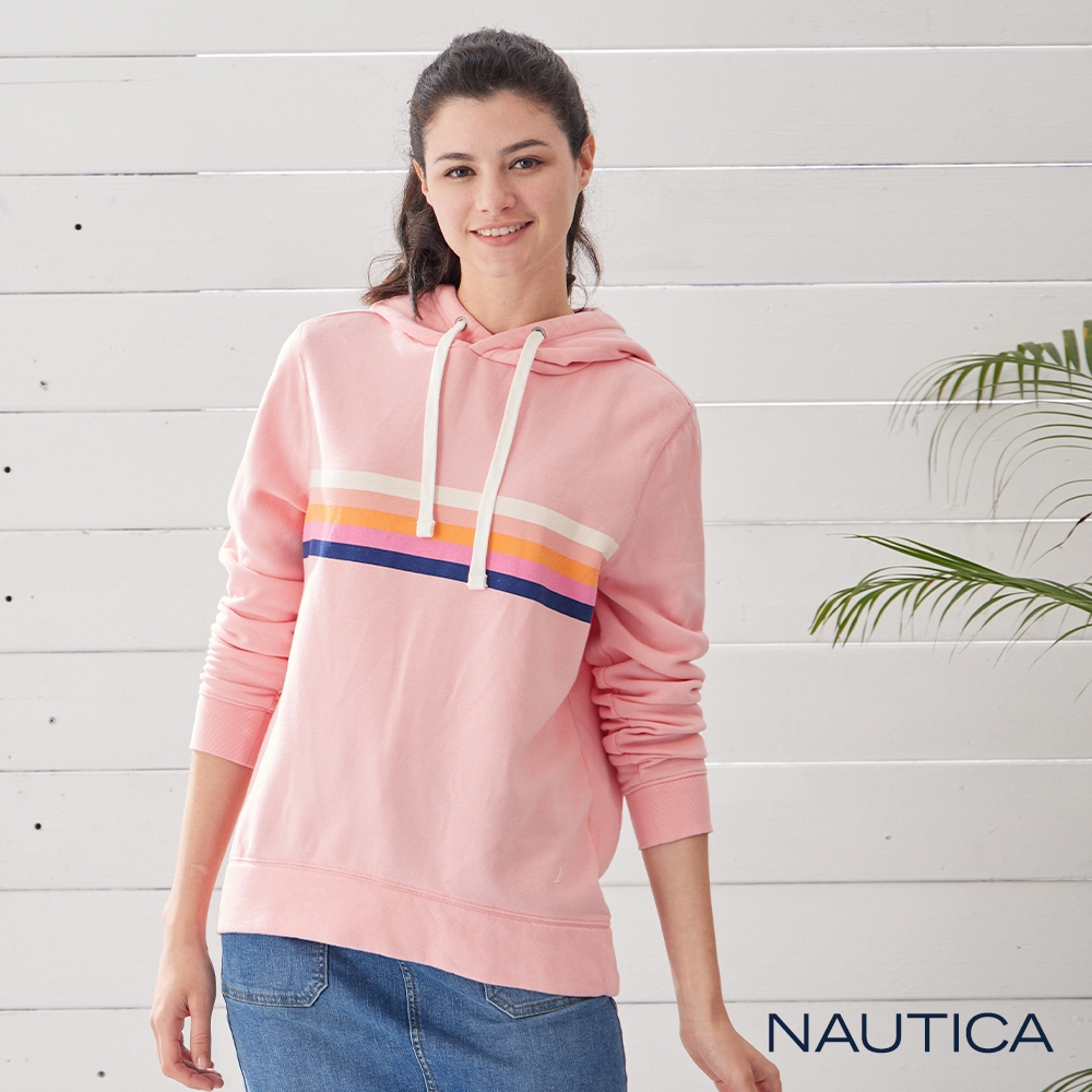 Nautica 女裝 甜美拼接保暖連帽長袖T恤-粉色