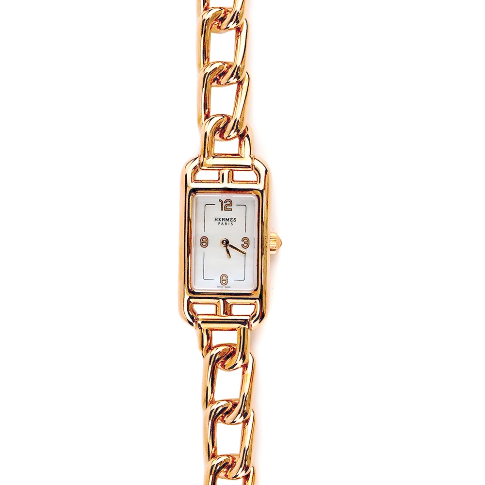 Hermes 愛馬仕Montre Nantucket 珍珠母貝錶盤鎖鍊女士腕錶(29mm/玫瑰金)