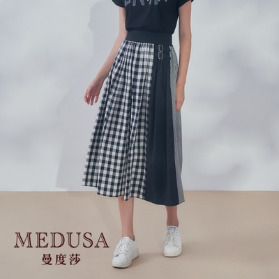 現貨【MEDUSA 曼度莎】格紋拼接鬆緊中長裙（M-XL）｜女長裙 中長裙 鬆緊腰頭