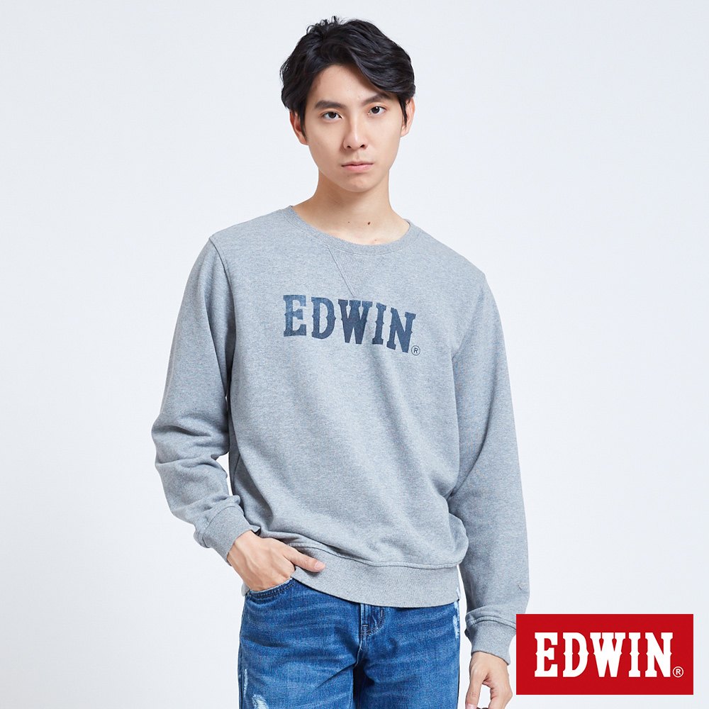EDWIN 牛仔紋LOGO 厚長袖T恤-男-灰色