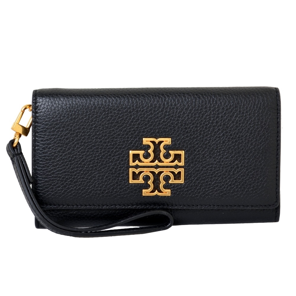 TORY BURCH BRITTEN 鏤空LOGO荔枝紋皮革釦式手拿手機包/中夾-黑