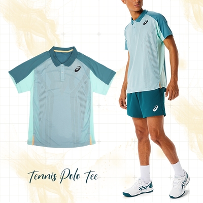 Asics 短袖上衣 Tennis Polo Tee 男款 湖水綠 緹花孔洞 散熱 防潑水 短T 運動 襯衫領 2041A193302