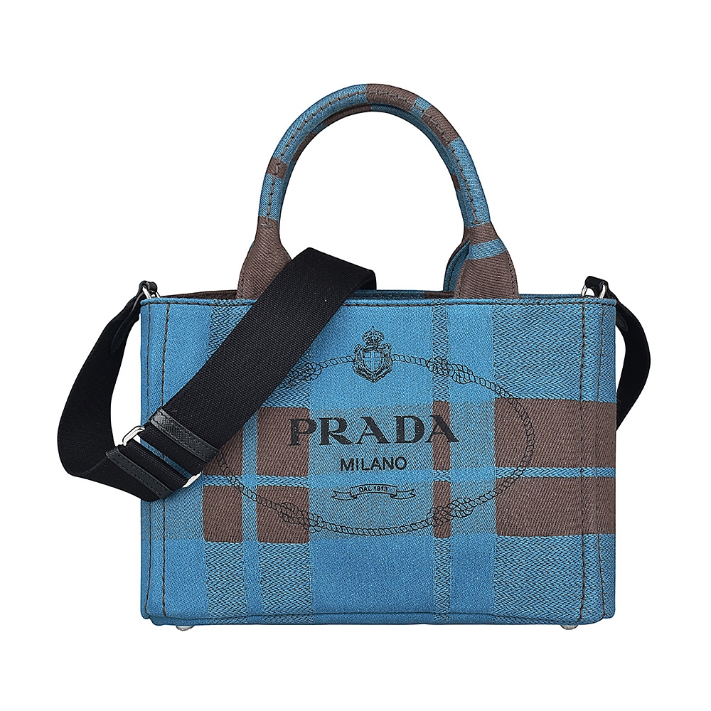 PRADA黑字LOGO格紋設計牛仔布手提斜背兩用包(藍x棕)
