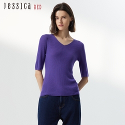 JESSICA RED - 簡約百搭羊毛混紡V領短袖針織衫824159（紫）