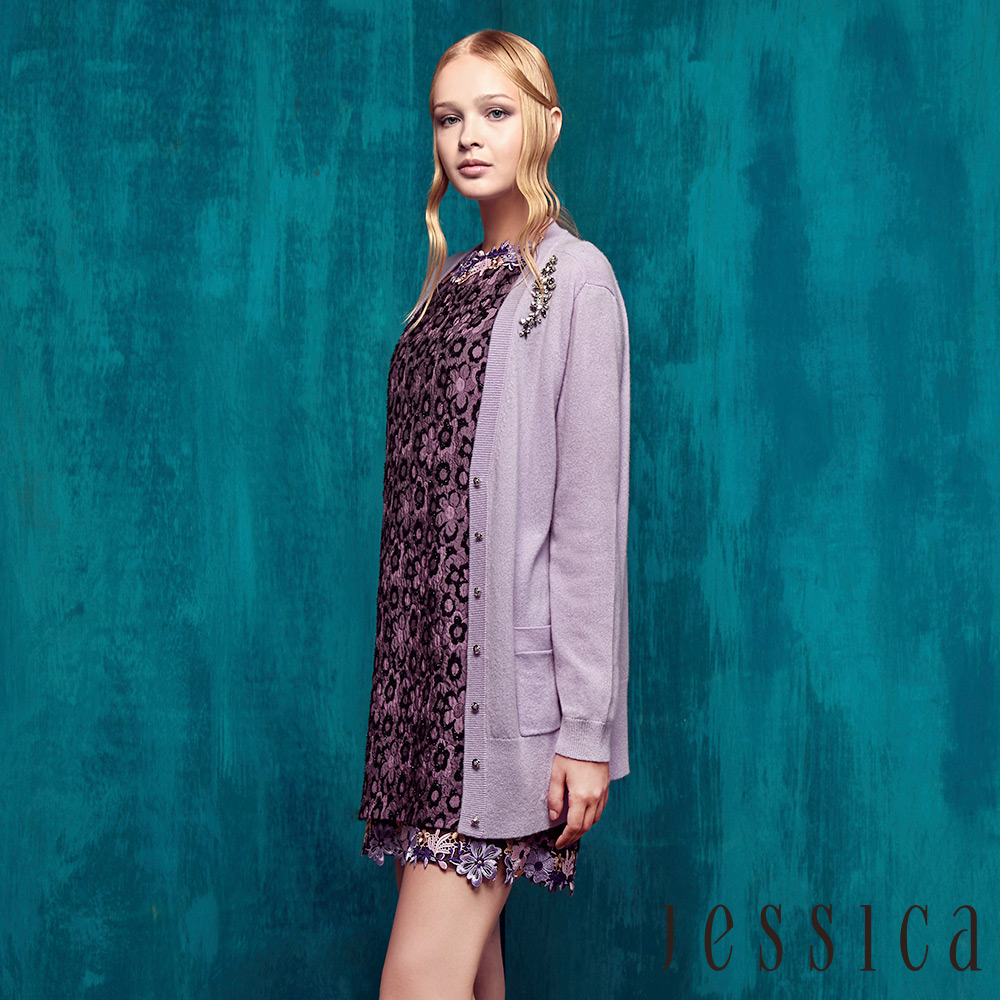 JESSICA - 寶石點綴素色毛料針織長版罩衫(紫)