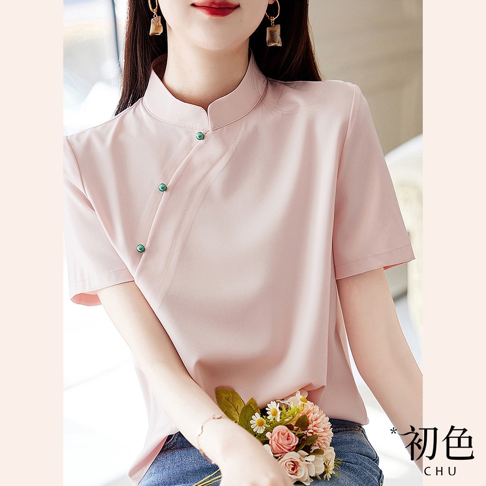 初色  典雅中國旗袍唐裝短袖寬鬆立領襯衫上衣-粉紅色-68410(M-2XL可選)
