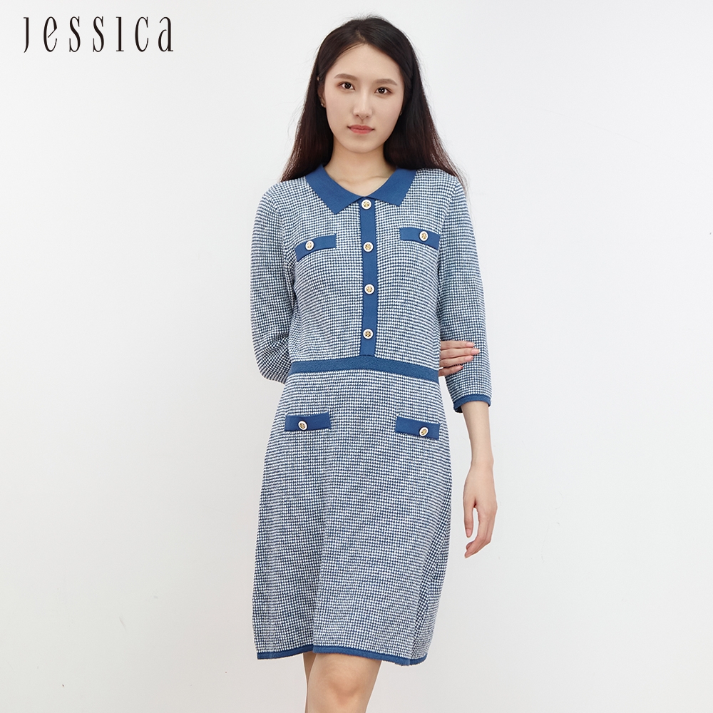 JESSICA - 法式優雅精緻修身翻領針織洋裝J30430（藍）