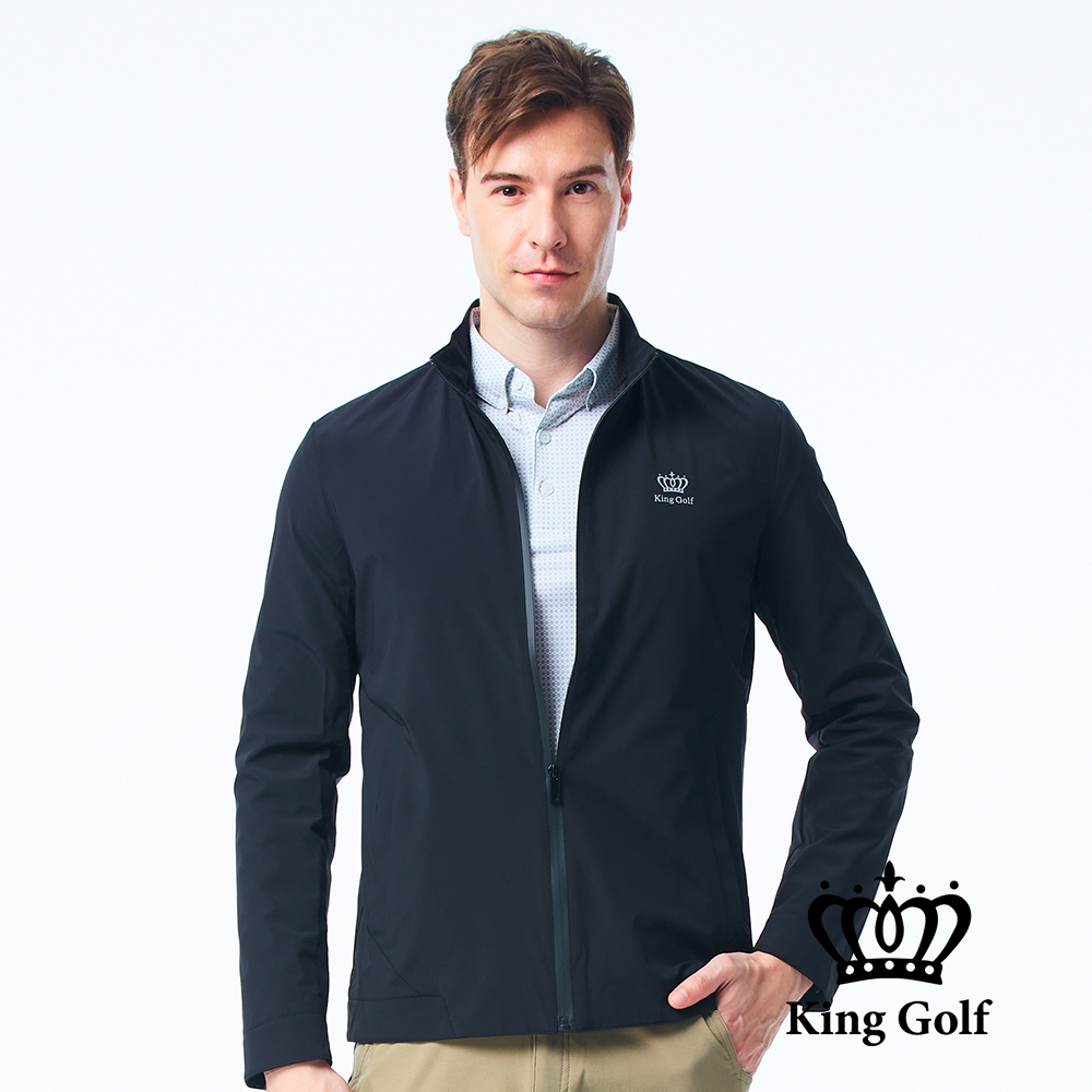 【KING GOLF】男款中厚防風防水素面立領拉鍊高爾夫球夾克外套-黑色