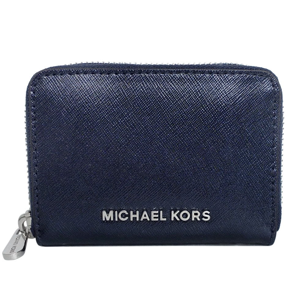 MICHAEL KORS防刮全皮ㄇ型拉鍊卡夾零錢包(珠光藍)