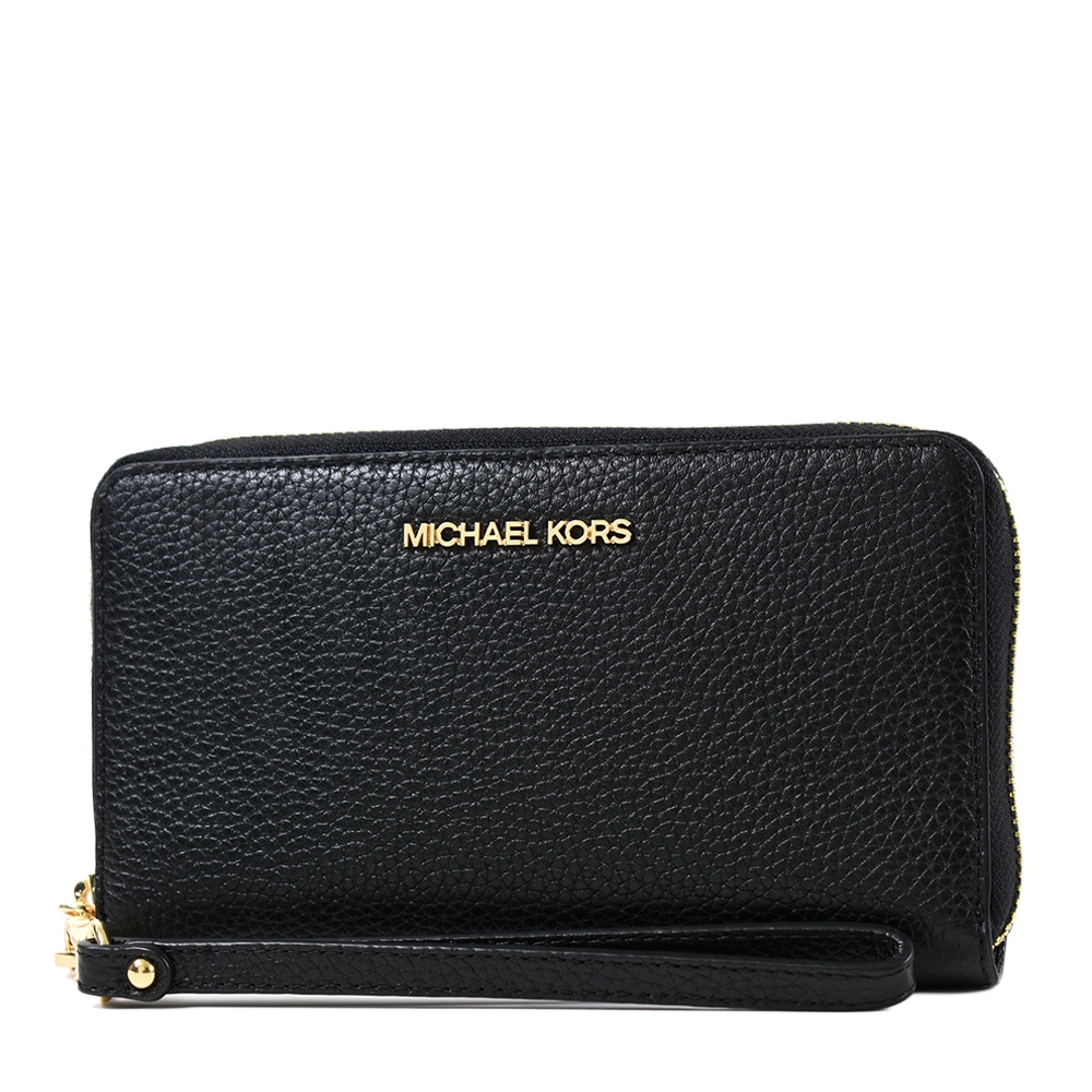 MICHAEL KORS 金字小LOGO荔枝紋拉鍊手掛式長夾/手機包-黑色