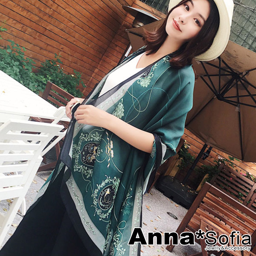 AnnaSofia 瀲灩宮廷風 亮緞面仿絲披肩絲巾圍巾(綠黑系)