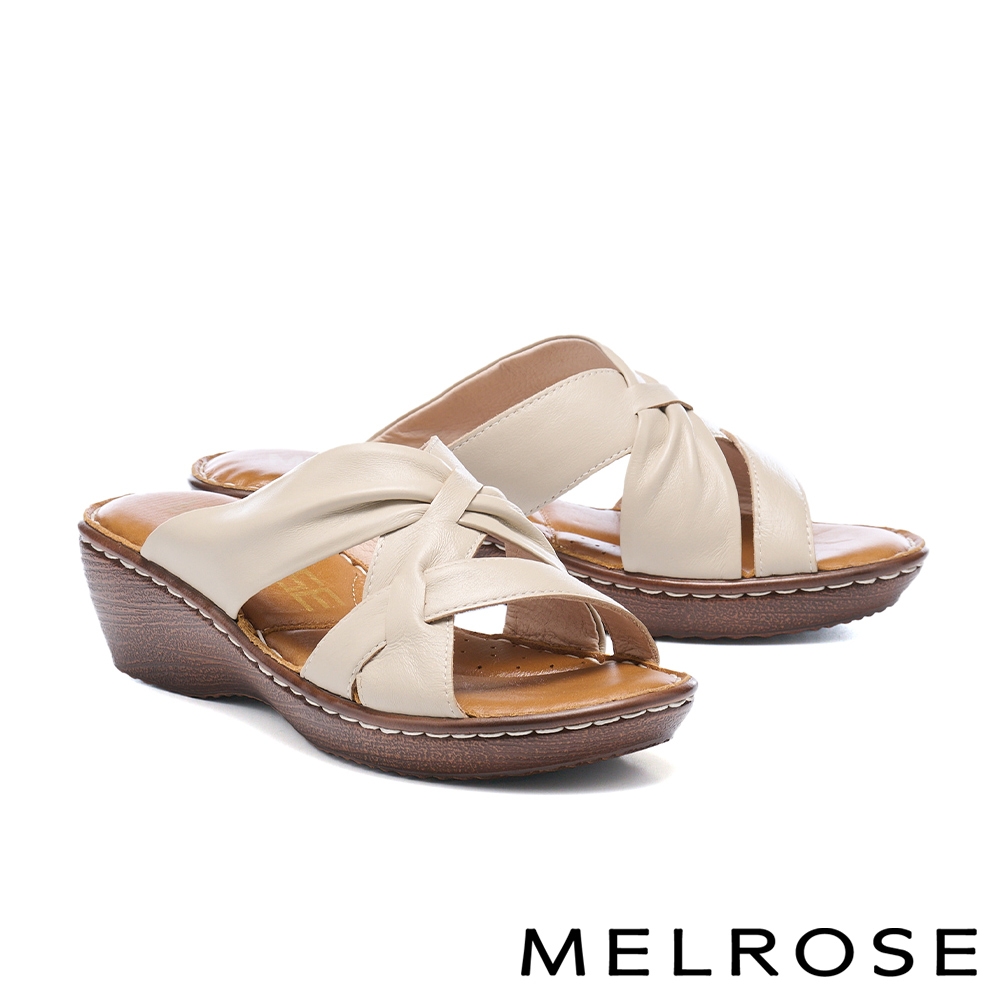 拖鞋 MELROSE 美樂斯 簡約率性交叉寬帶全真皮厚底拖鞋－白
