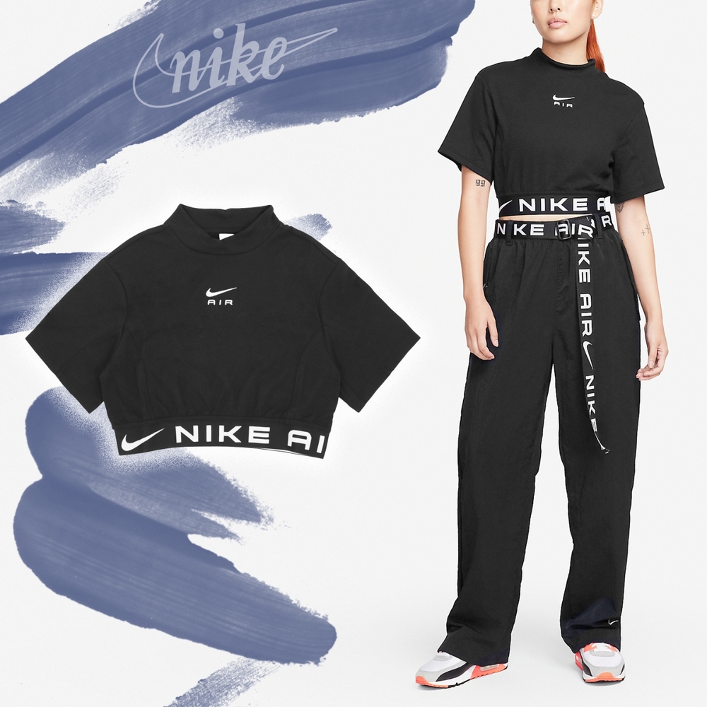 Nike 短袖 Air Cropped 女款 黑 白 短版 小高領 刺繡LOGO 勾勾 街頭風 FB8247-010