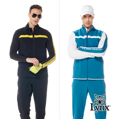 【Lynx Golf】首爾高桿風格！男款防風防潑水內刷毛保暖後背配布剪裁LOGO字樣無袖背心(二色)