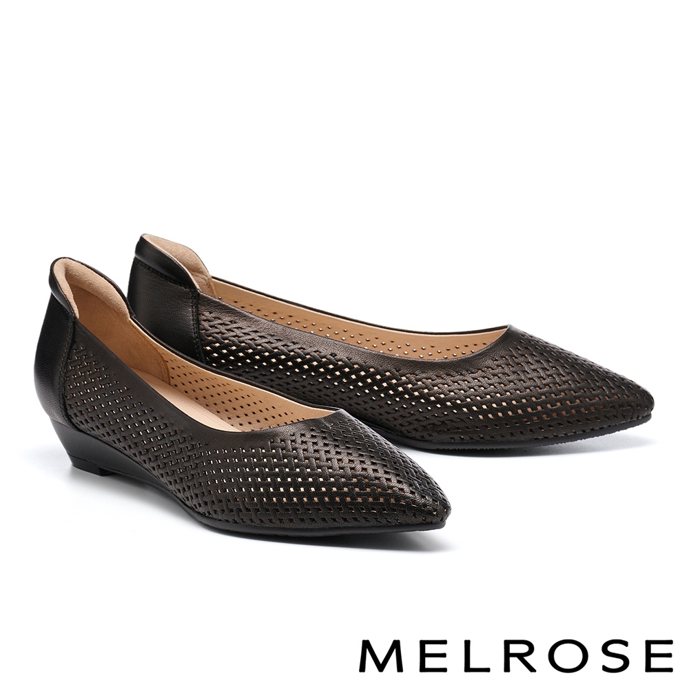 低跟鞋 MELROSE 美樂斯 氣質編織鏤空羊皮尖頭楔型低跟鞋－黑