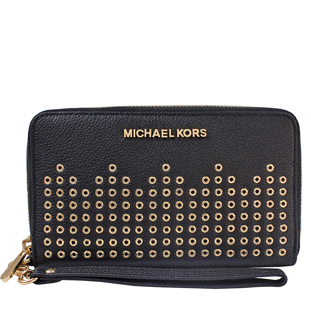 Michael Kors  金屬字母LOGO鉚釘皮革拉鍊長夾-可手掛(黑)