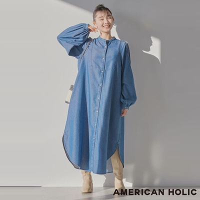 AMERICAN HOLIC 針褶袖設計開衩牛仔襯衫洋裝