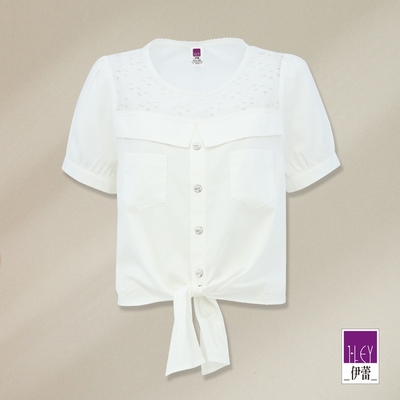 ILEY伊蕾 法式甜美領口拼接蕾絲短版純棉上衣(白色；M-XL)1232021046