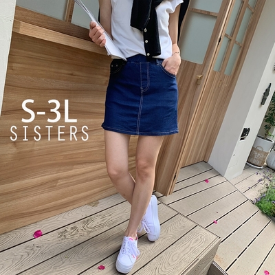 SISTERS 深藍刷色鬆緊腰牛仔褲裙 短裙 裙褲/S-3L