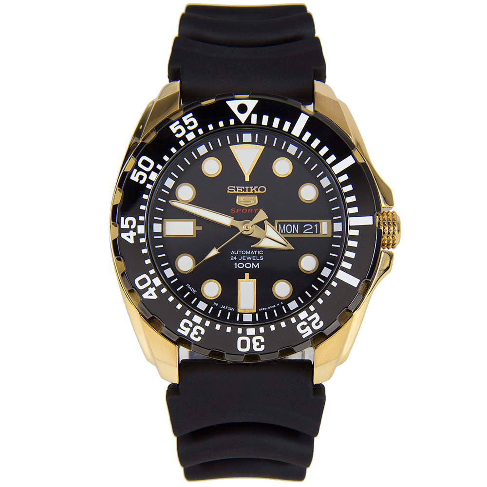 SEIKO 水鬼風經典5號手自動上鍊機械矽膠腕錶(SRP608J1)-黑面金框x47mm