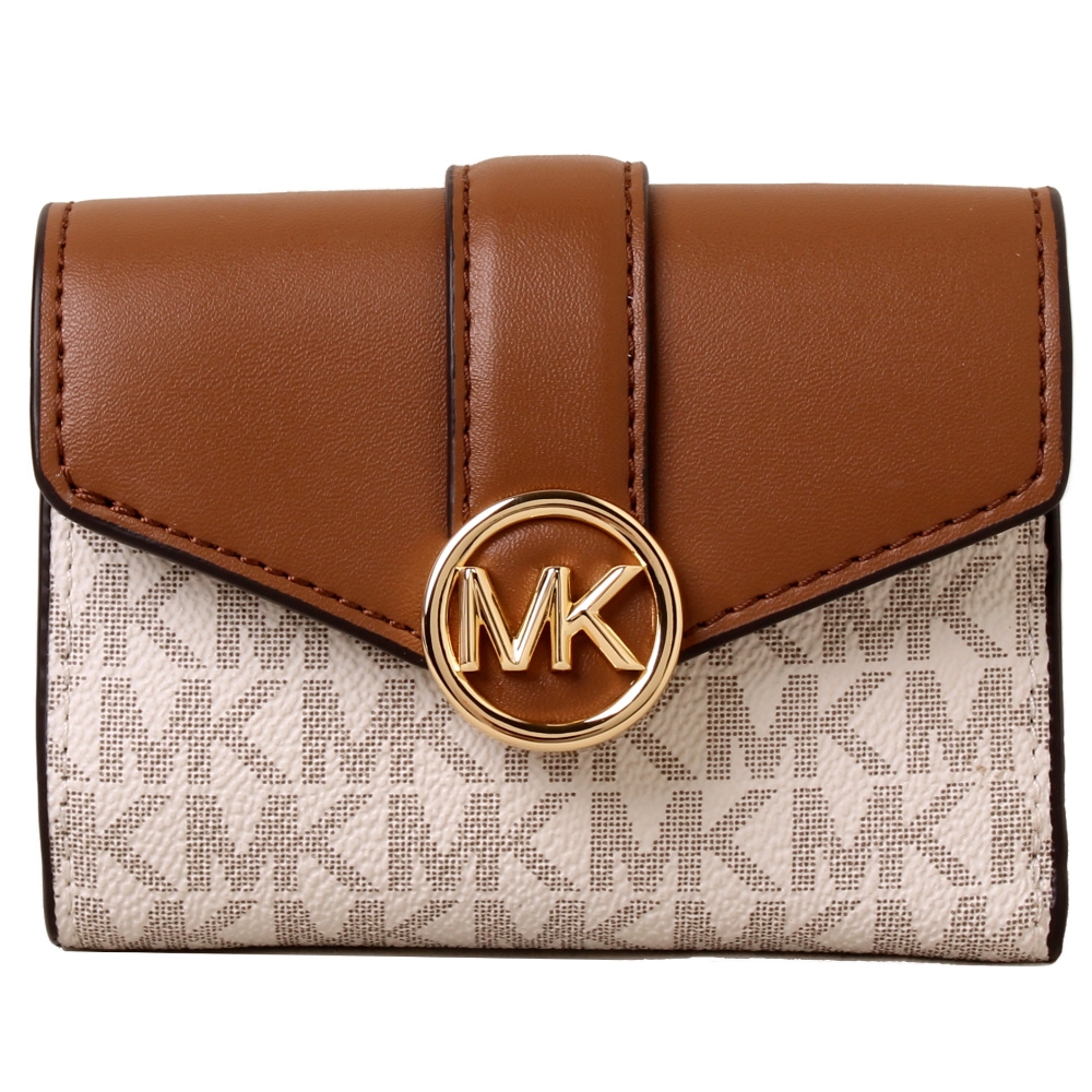 MICHAEL KORS CARMEN立體LOGO滿版皮革拼接三折釦式短夾-香草白X咖