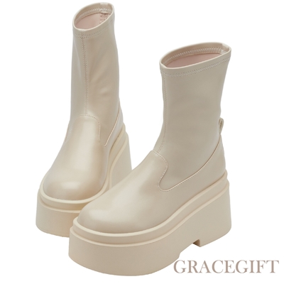 【Grace Gift】逆天長腿襪套厚底短靴 米白