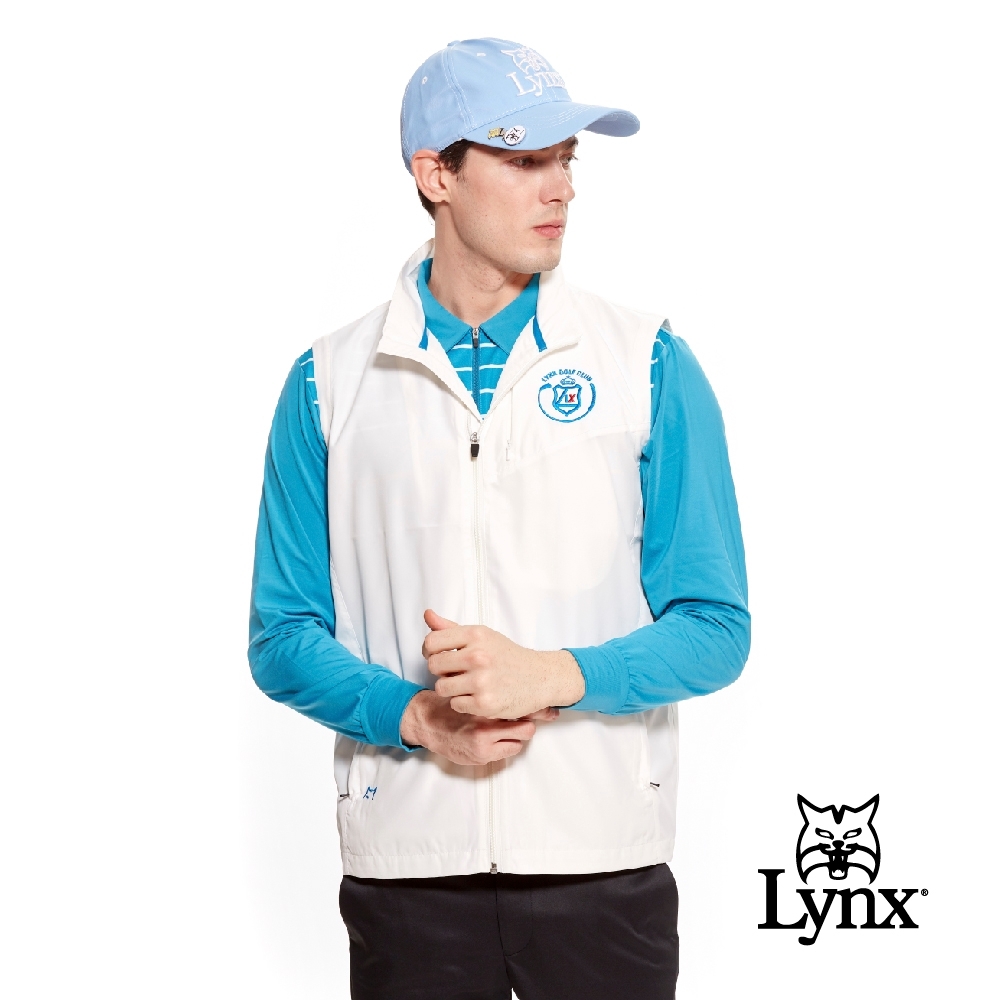 【Lynx Golf】男款小山貓繡花胸袋隱形拉鍊薄無袖背心-牙白色