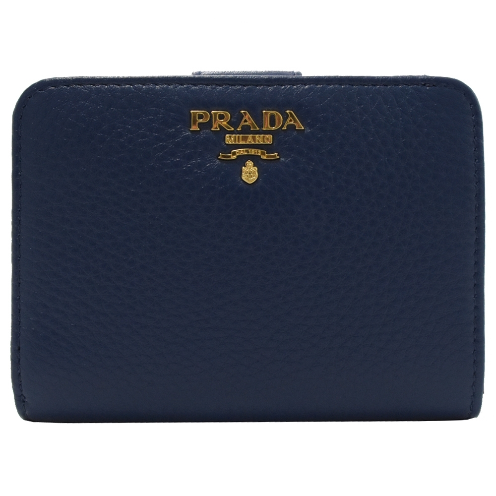 PRADA 金屬LOGO荔枝牛皮釦式零錢短夾(藍)