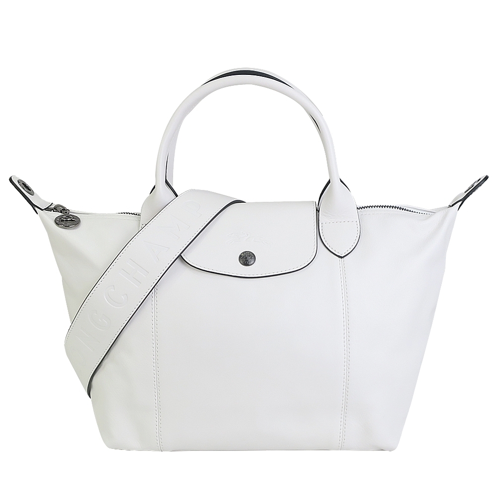 LONGCHAMP Le Pliage Cuir 小羊皮寬背帶短把折疊水餃包(小/白)