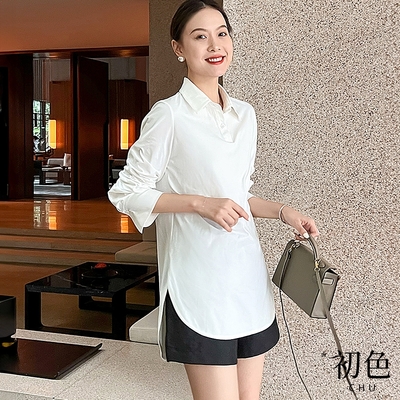 初色 簡約立領不對稱下擺打底衫內搭長袖襯衫上衣女上衣-白色-32663(M-XL可選)