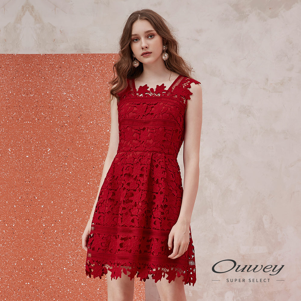 OUWEY歐薇 花窗水溶蕾絲造型無袖洋裝(紅)